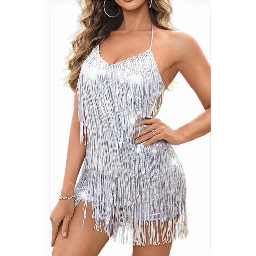 Kaei&Shi Sequin Fringe Romper Metallic Silver Women L New